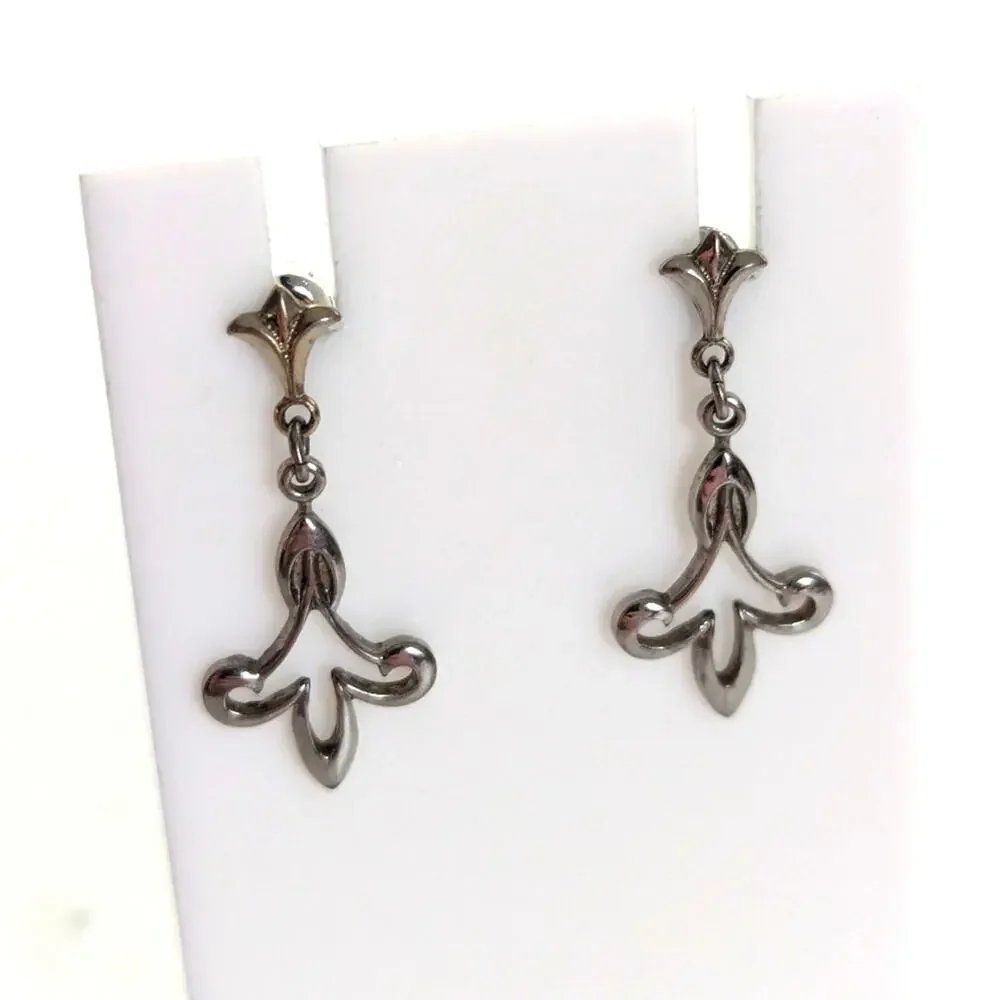 Vintage Silver Tone Fleur De Los Dangle Drop Dainty Delicate Post Stud Earrings